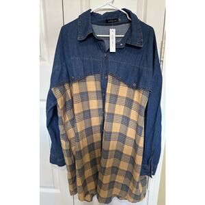 Denim Flannel Shirt Dress Plaid Long Sleeve Button Tunic Cotton Plus Sz 2XL